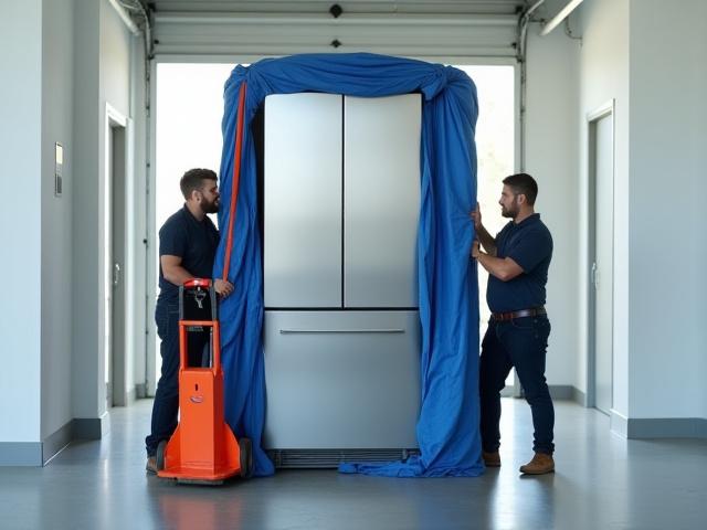 Team moving a large refrigerator and washer with precision equipment