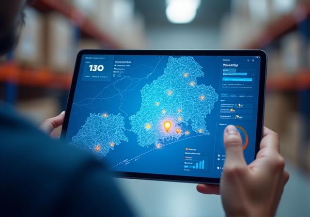 Digital logistics dashboard showing route optimization and real-time package tracking