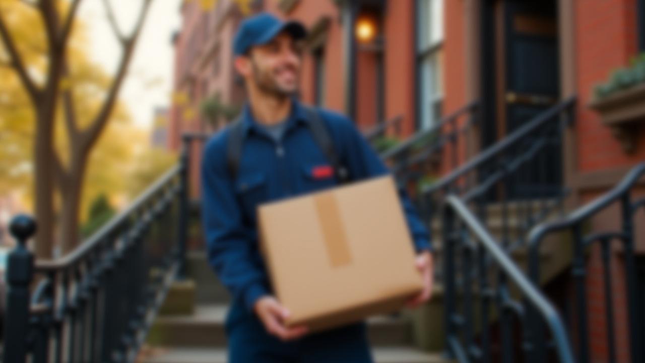 A professional mover from 631 Moving carefully carrying boxes from a classic Brooklyn brownstone